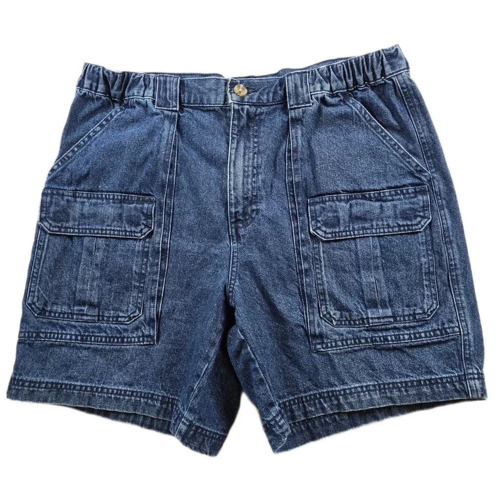 Croft & Barrow Denim Cargo Shorts Mens 36 Blue Jean Cotton Elastic Waist Utility